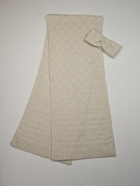 Love & Lore Ivory Knit Scarf Headband Set Wool Blend Diamond Pattern Cozy Winter
